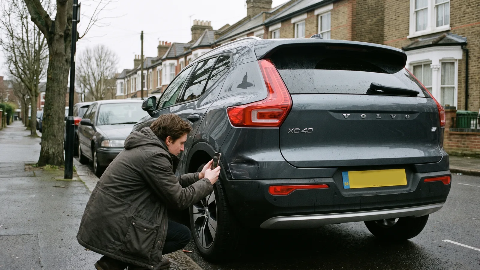 A driver photographing damage to their car after an accident