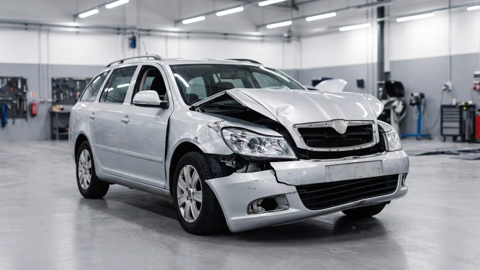 A silver estate car with front-end collision damage inside a vehicle body repair workshop