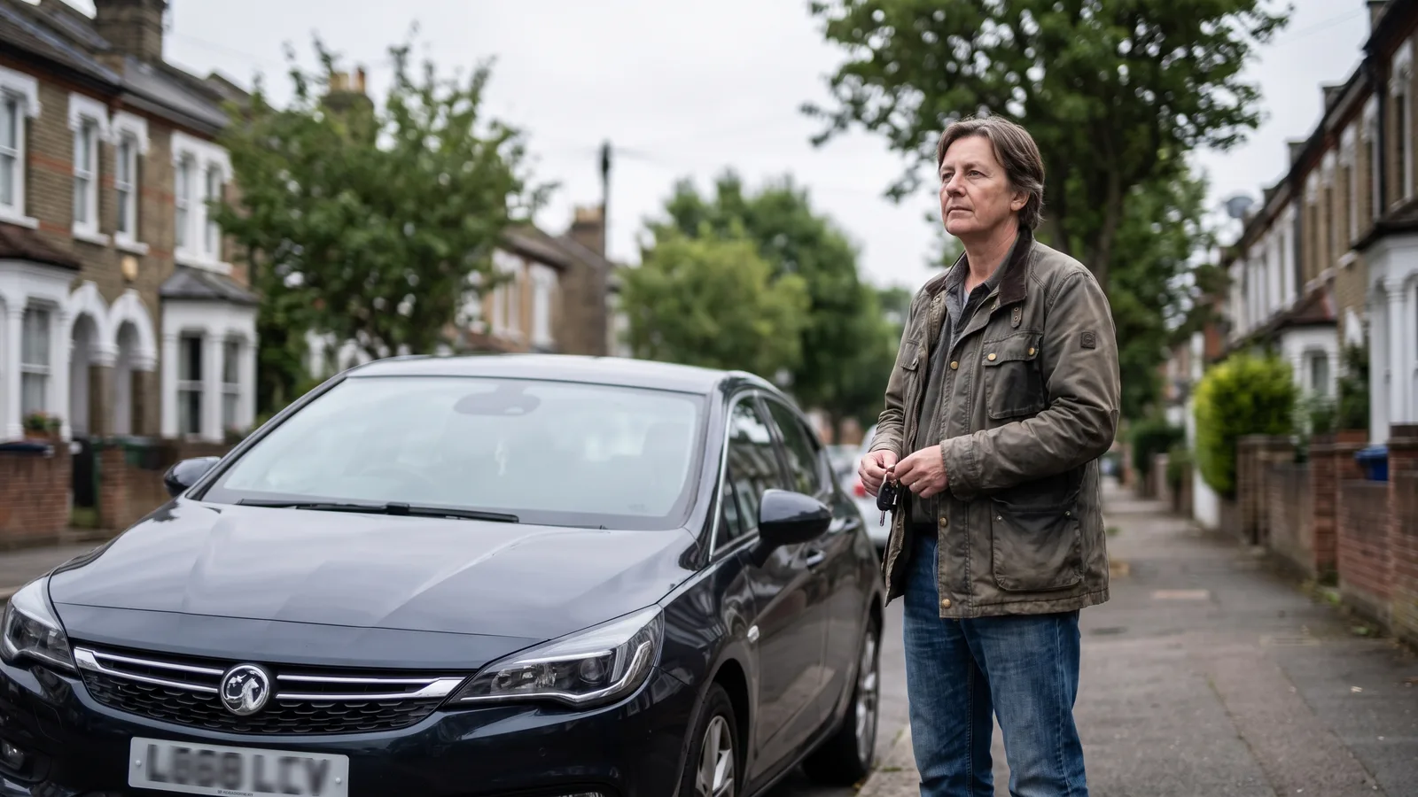 A driver standing beside their car on a British street, holding the keys