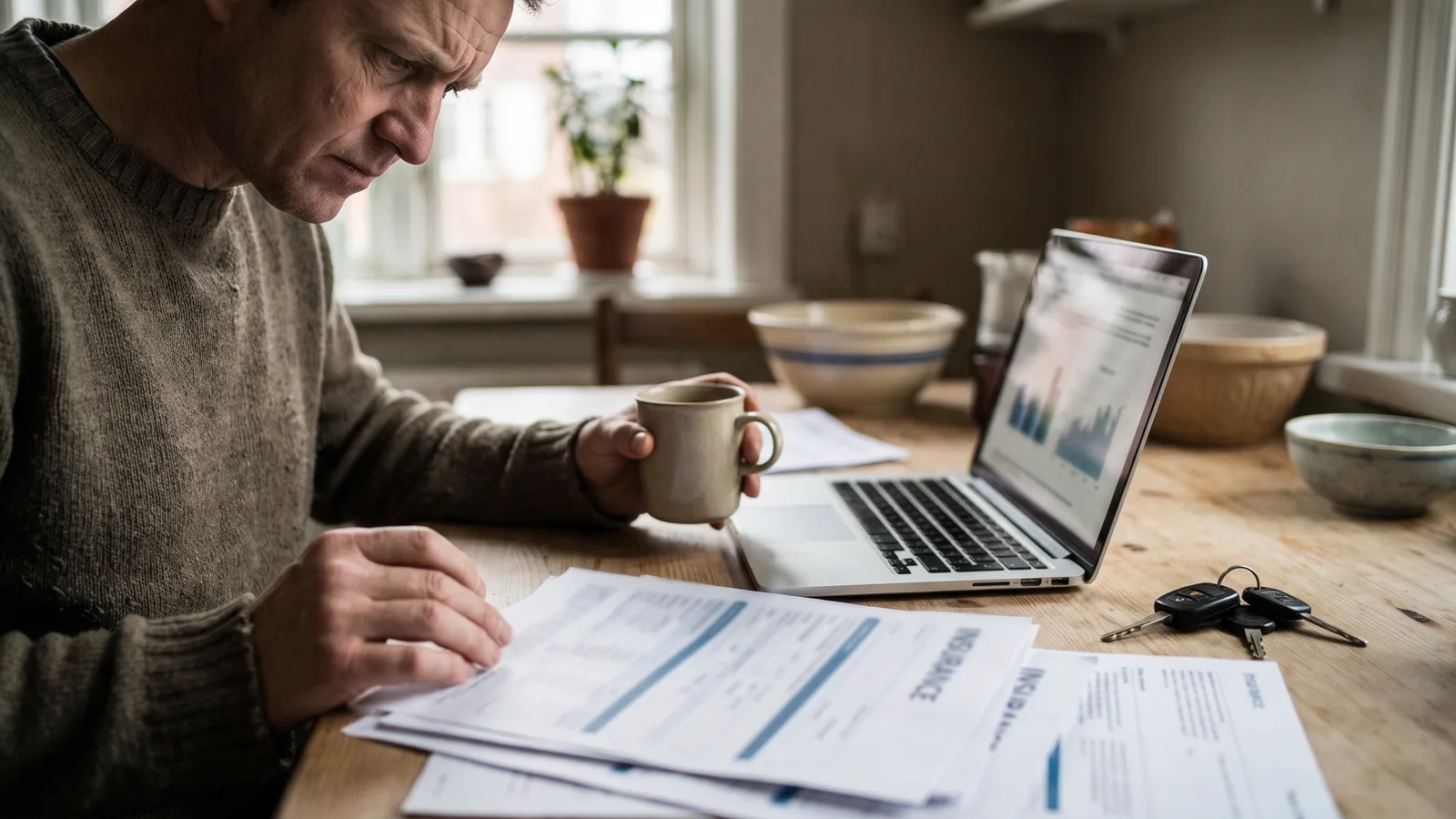 A driver reviewing car insurance paperwork at home