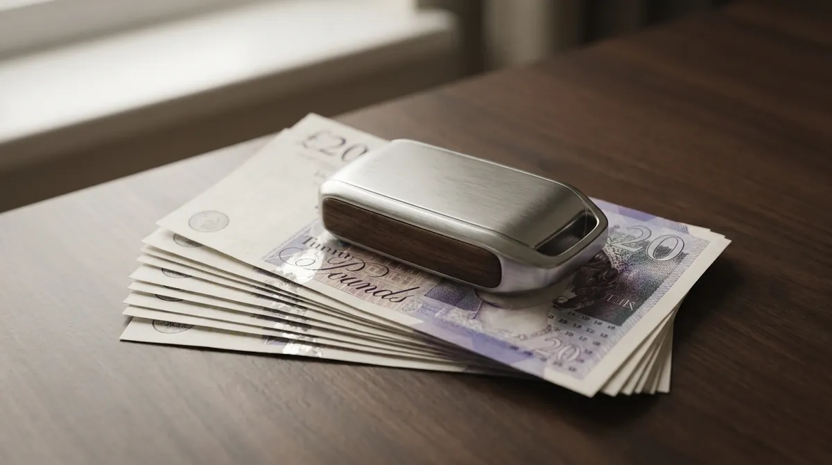 A car key resting on a fan of British twenty-pound notes