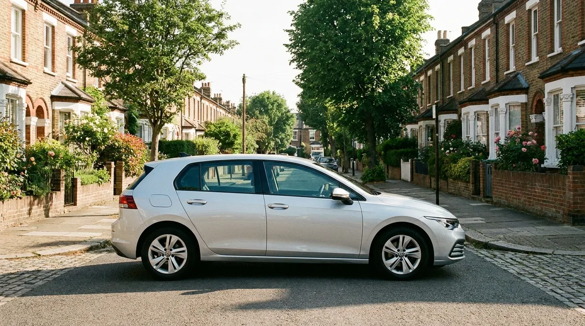 A clean silver car parked on a leafy British residential street