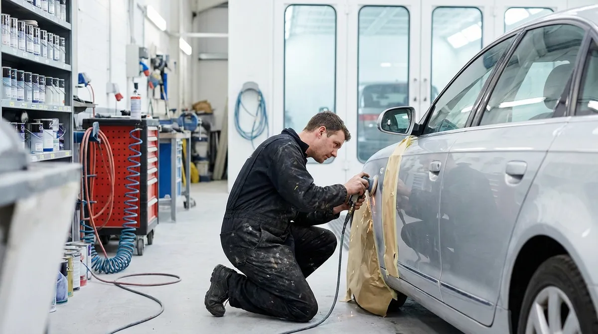 A technician repairing a car panel in a professional body repair workshop