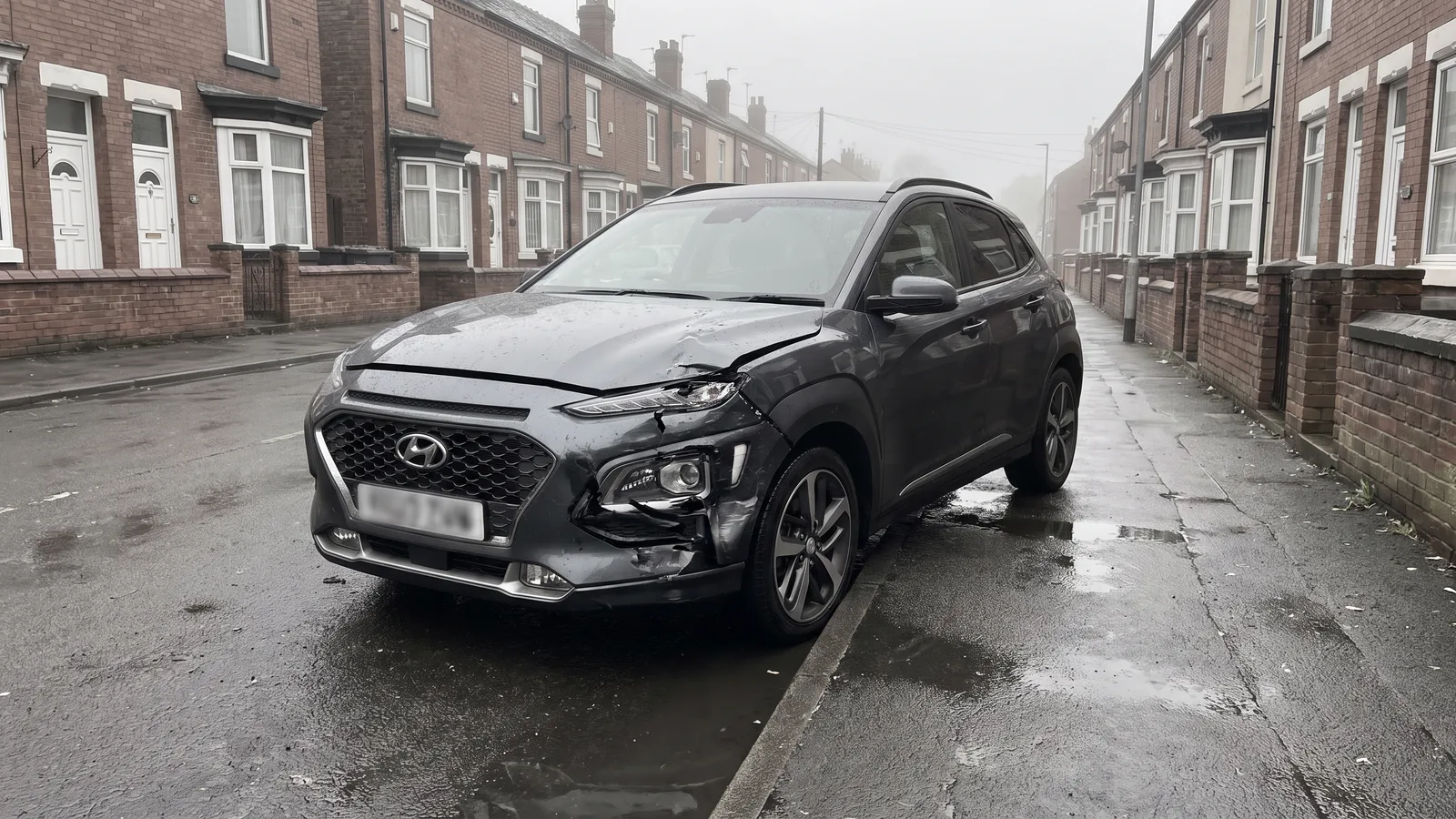 A car with front-end damage on a British residential street
